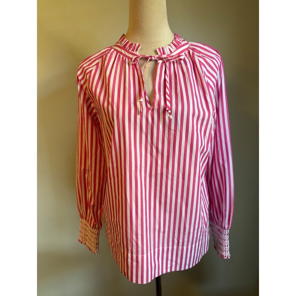 J.Crew Popover Top Stripe Pink White XS Cotton Blouse preppy dainty whimsy resor - Picture 3 of 8